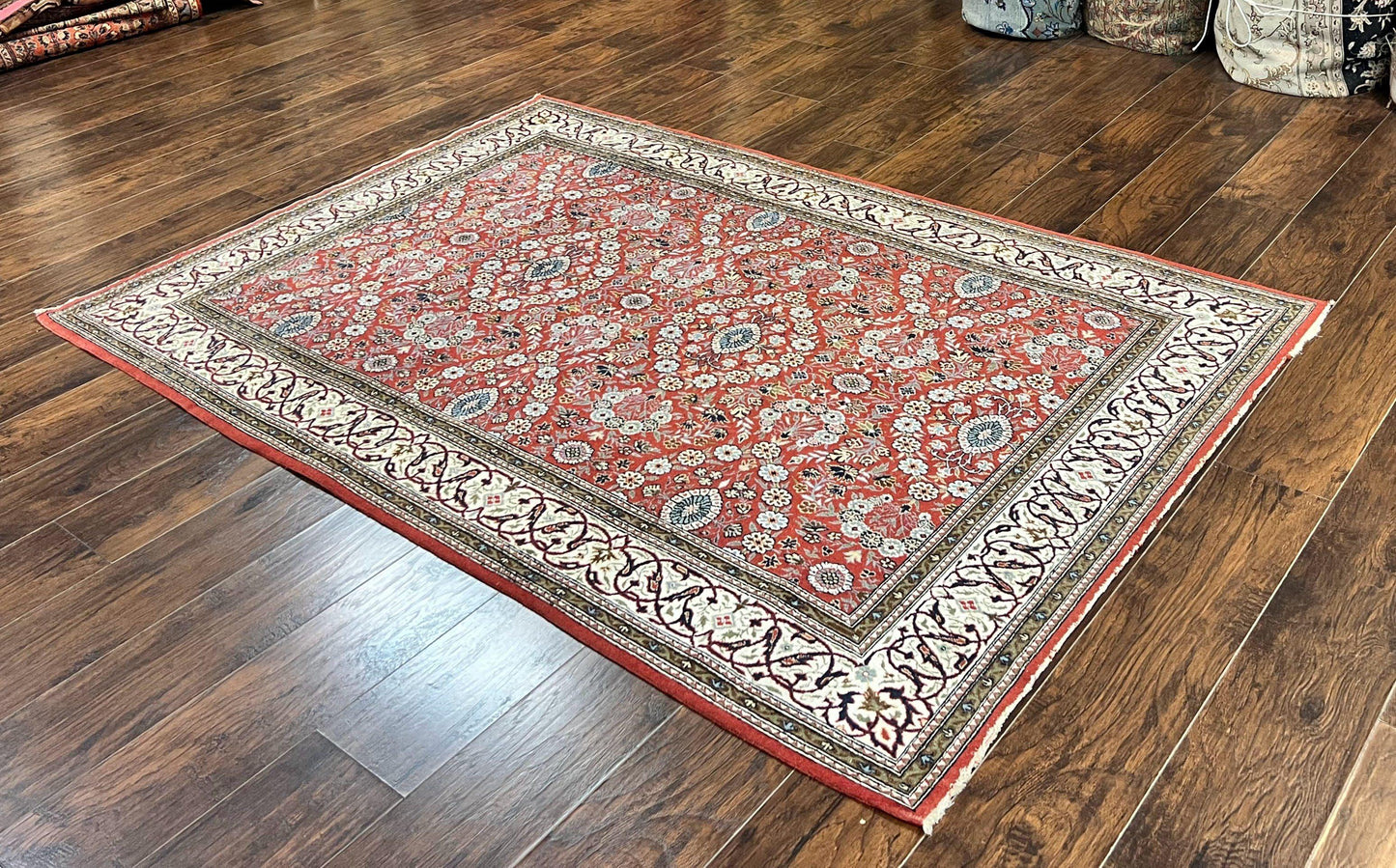 USED Red Persian Qum Rug 5 x 7.6, Hand Knotted Vintage Wool Fine Carpet 270 KPSI, Floral Allover