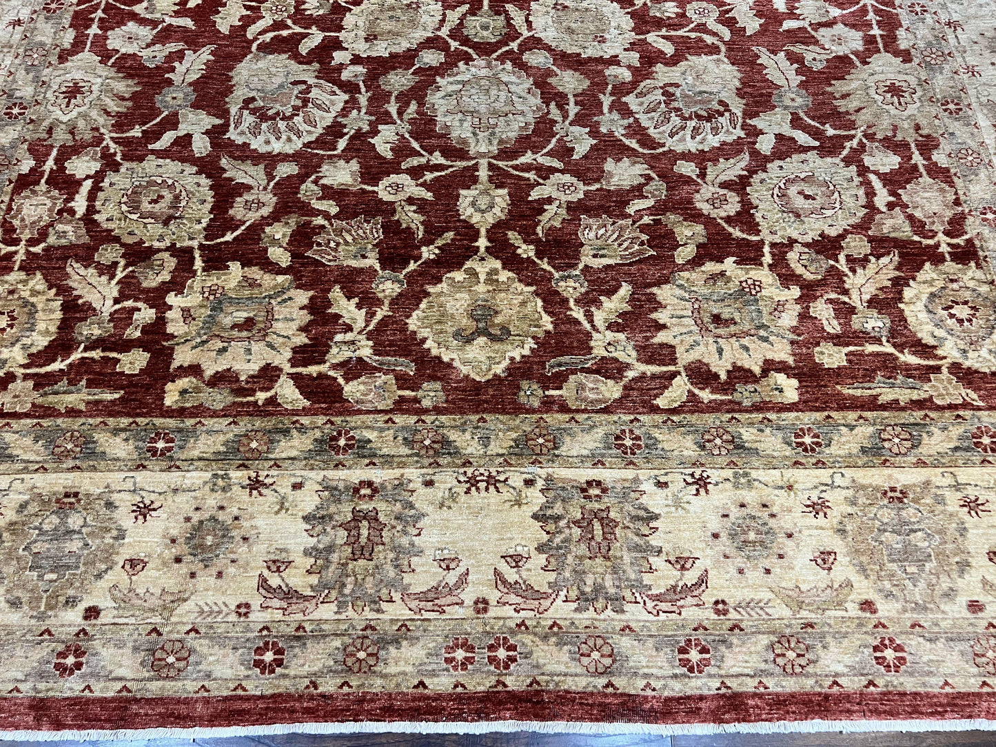 USED Pak Persian Rug 10x14, Sultanabad Mahal Peshawar Chobi Carpet, Large Vintage Wool Oriental Rug, Maroon & Beige, Floral Allover, Handmade