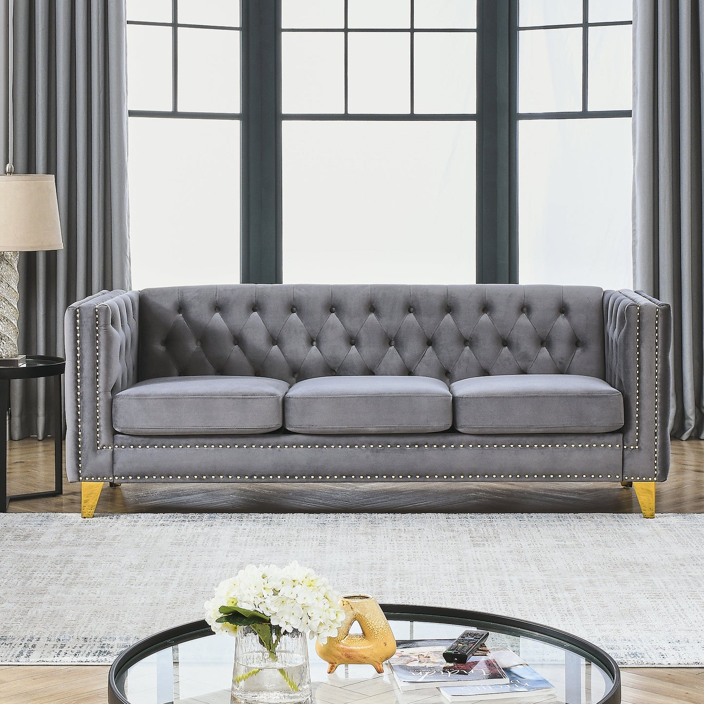 NEW Gray Velvet Buttons Tufted Square Arm Modern Couch Upholstered Sofa