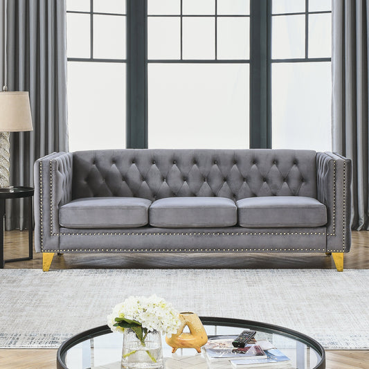 NEW Gray Velvet Buttons Tufted Square Arm Modern Couch Upholstered Sofa