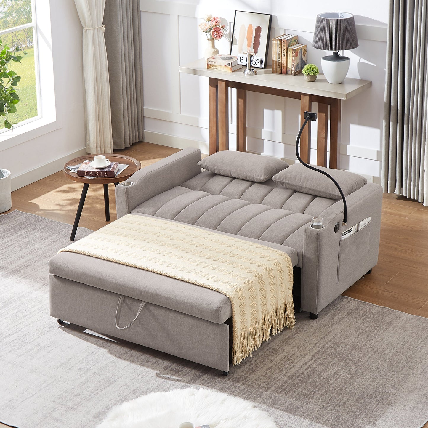 NEW Convertible Sofa Bed Loveseat with USB Ports, Side Pockets, Cup Holders & Swivel Phone Holder, Light Grey Bella Fabric