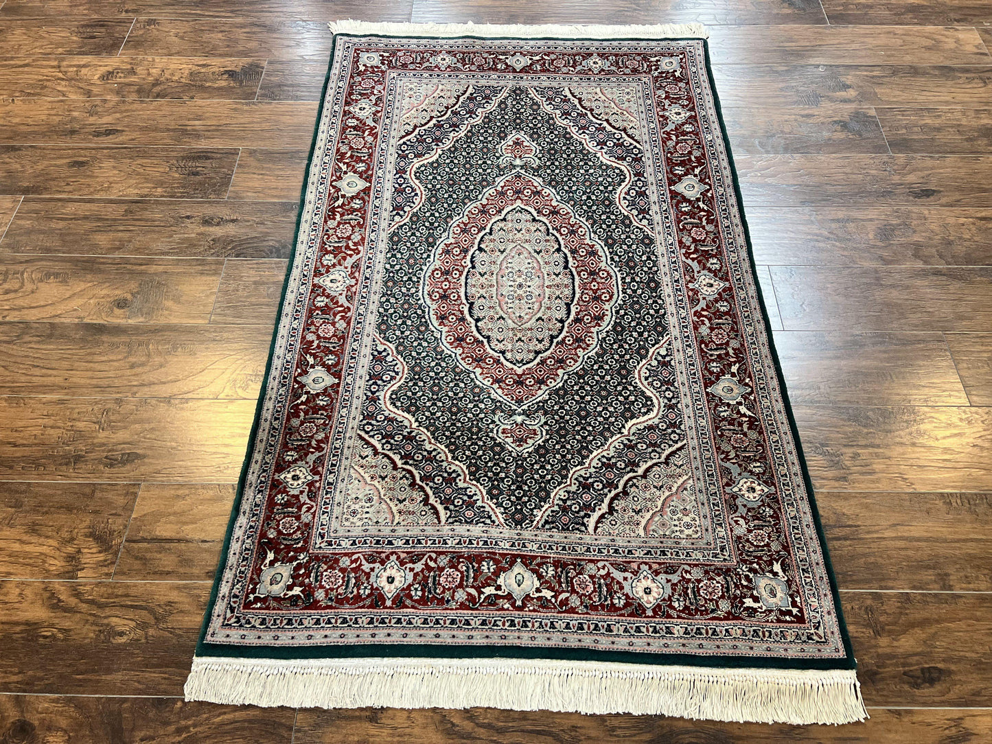 USED Sino Persian Rug 4x6, Wool with Silk Highlights, Fine Hand Knotted Carpet, Green & Maroon Red, Herati Medallion, Vintage Rug