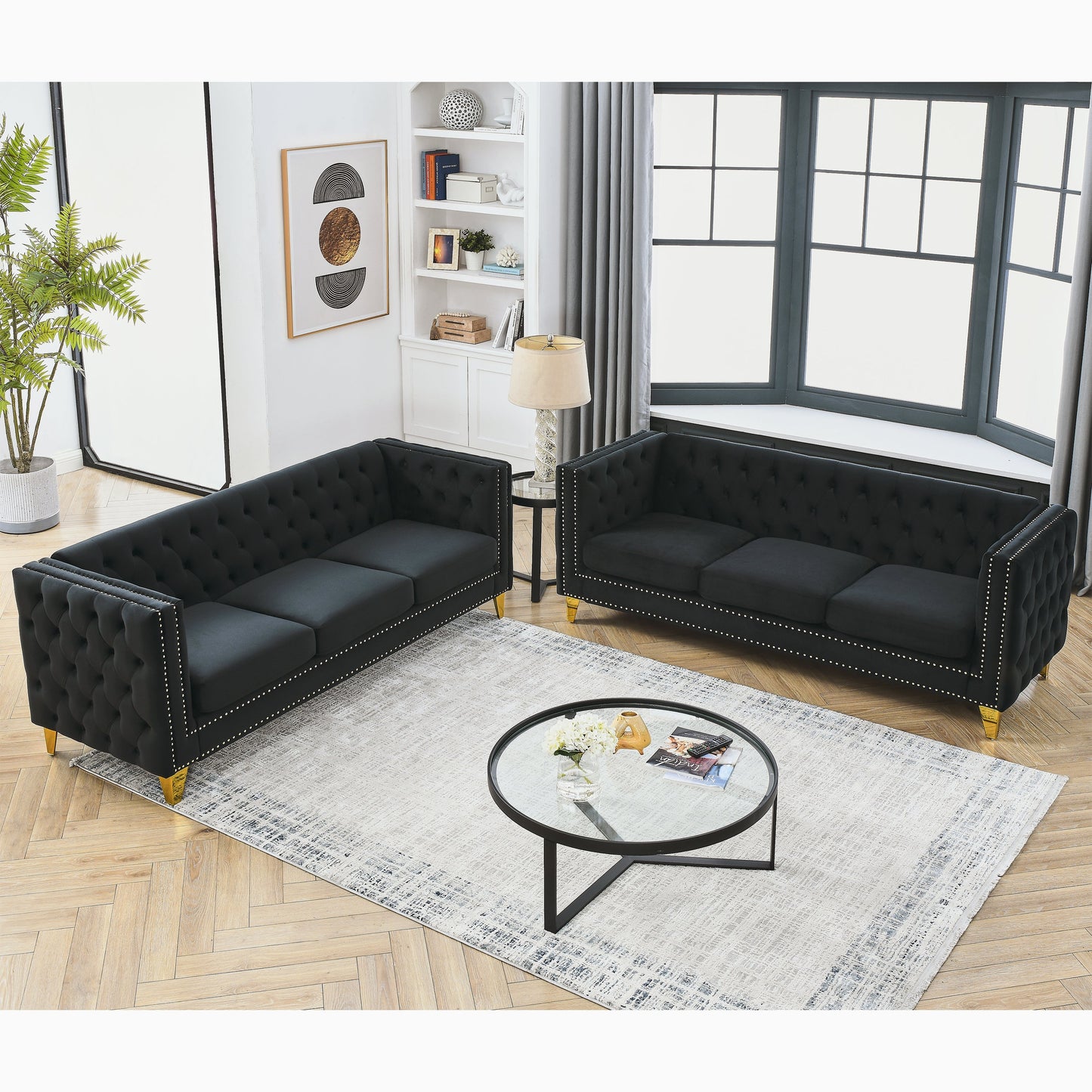 NEW 2pc Black Velvet Tufted Button Square Arm Couch Modern Upholstered Metal Legs Sofa