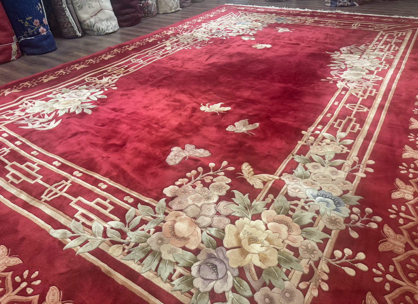 USED Palace Size Chinese Wool Rug 12x18, Red Art Deco Chinese Carving Carpet, Butterflies Flowers