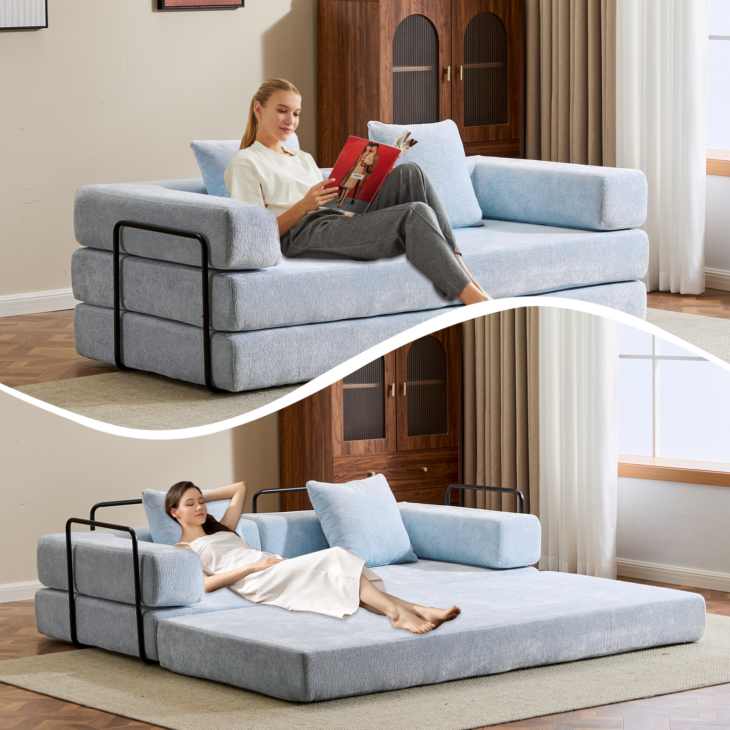 NEW Light Blue Chenille Fabric Floor Couch Compression Convertible Sofa Bed with Pillow Back Support Armrest Comfy Futon Couch Lounge Sleeper Bed