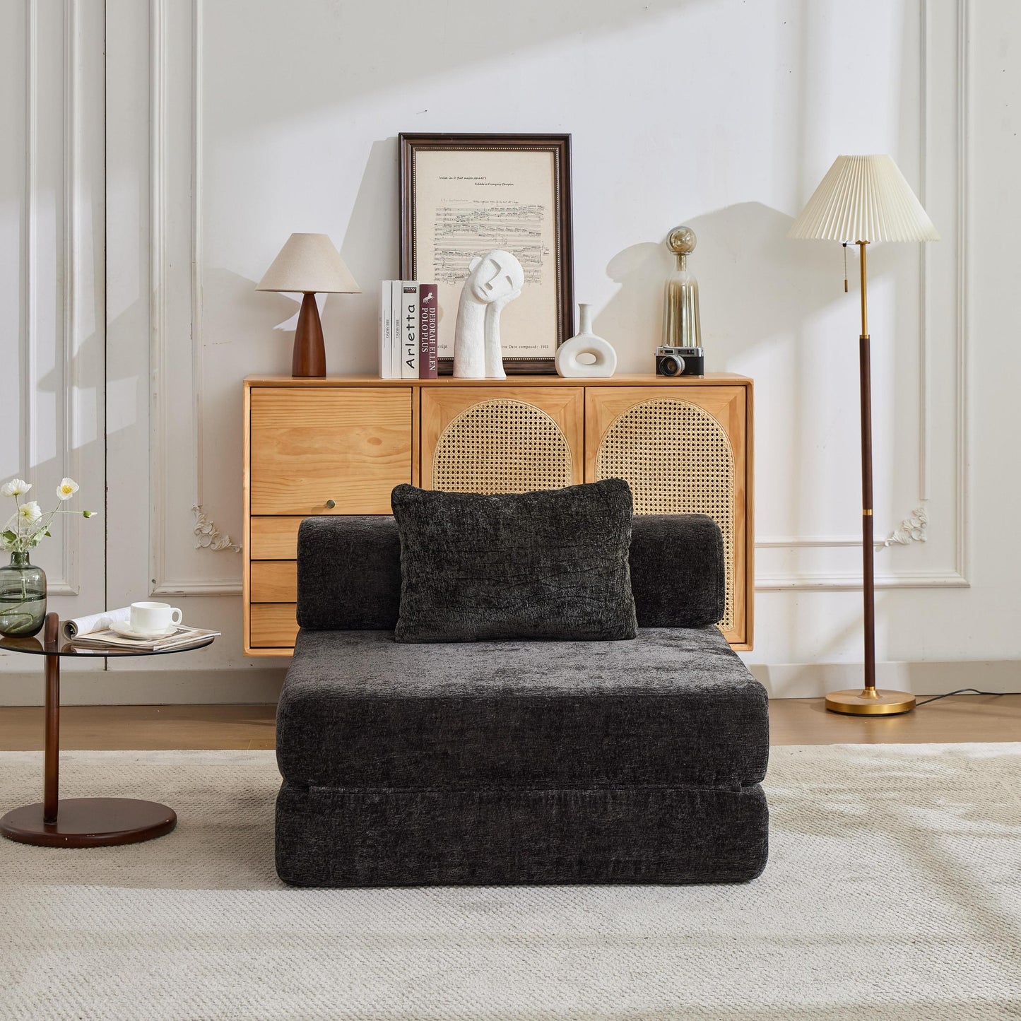 NEW Compression Black Chenille Fabric Convertible Single Seater Boneless Modular Sectional Sofa with Fixed-Shape Frame