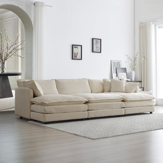 NEW Comfortable Deep Seat Reversible Modular 6 Seater Sectional Super Soft Sofa U Shaped Sectional Couch with 3 Ottomans, 3 Toss Pillows and 2 Arm Pillows , Beige Chenille