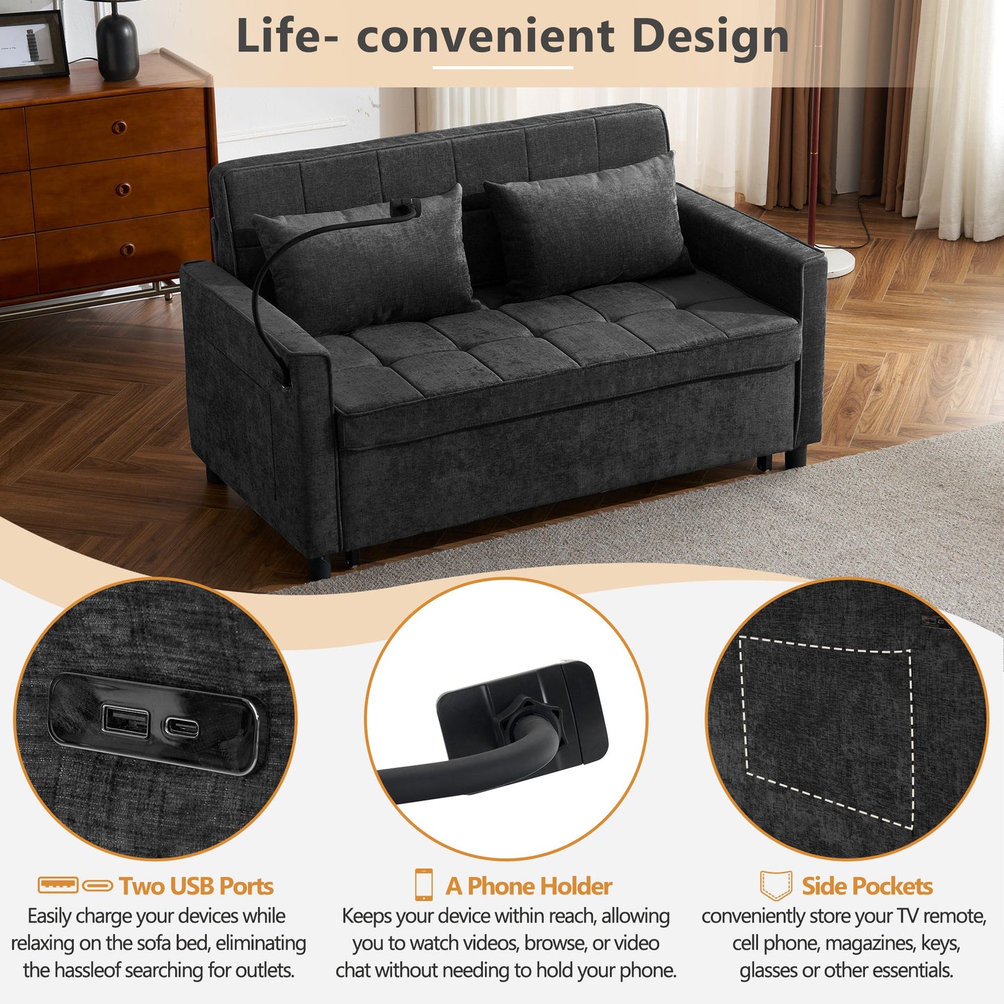 NEW Contemporary 56.9' Loveseat Sofa Bed Sleeper with Reversible Backrest, Side Pockets, USB Ports, Phone Holder, Black Chenille