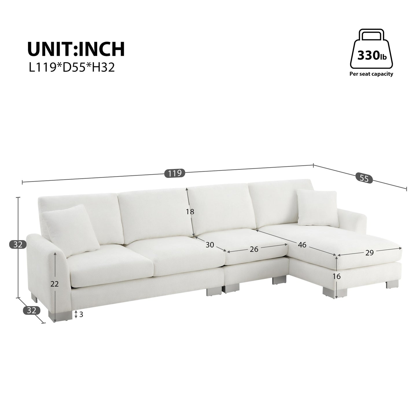 NEW Chenille Upholstered Modern Oversized L-Shaped Sectional Sofa with Chaise and Pillows