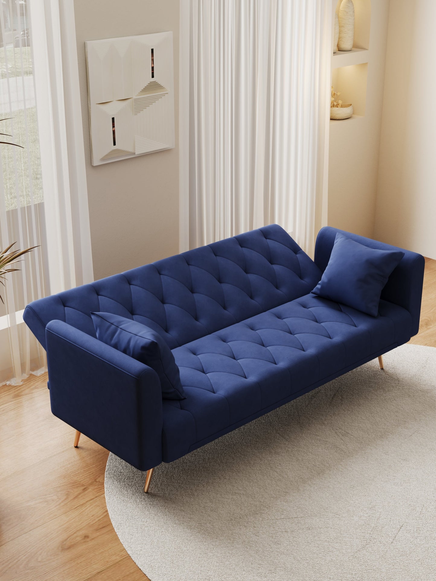 NEW 71-inch convertible love seat sofa, American retro blue velvet material, suitable for small living room, bedroom, office