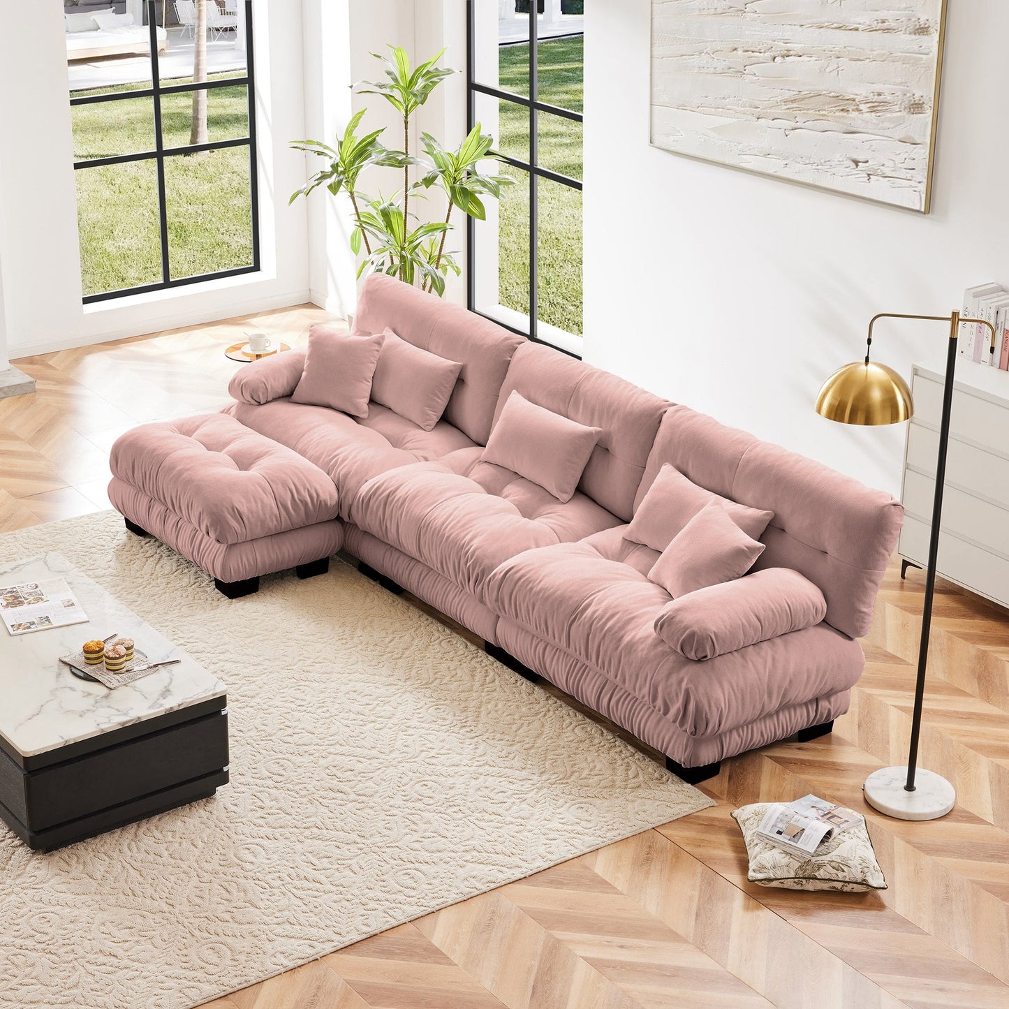 NEW Chenille Pink Luxury Modular Sectional Sofa Oversized L Shaped Cloud Deep Seat Couch with Convertible Ottoman