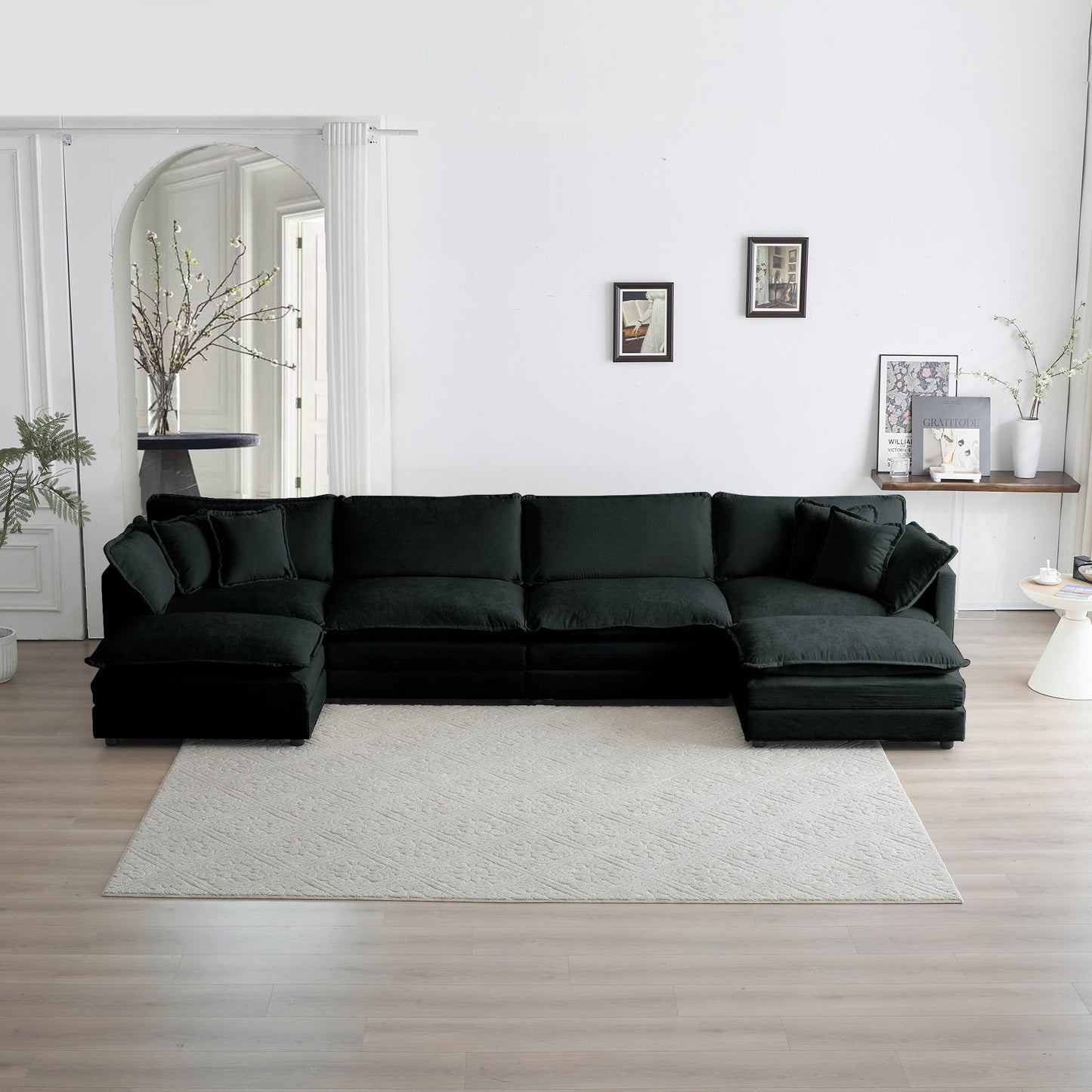 NEW Comfort U Shaped Couch with Reversible Chaise, Modular Large U-Shape Sectional Sofa, Double Extra Ottomans,Black Chenille