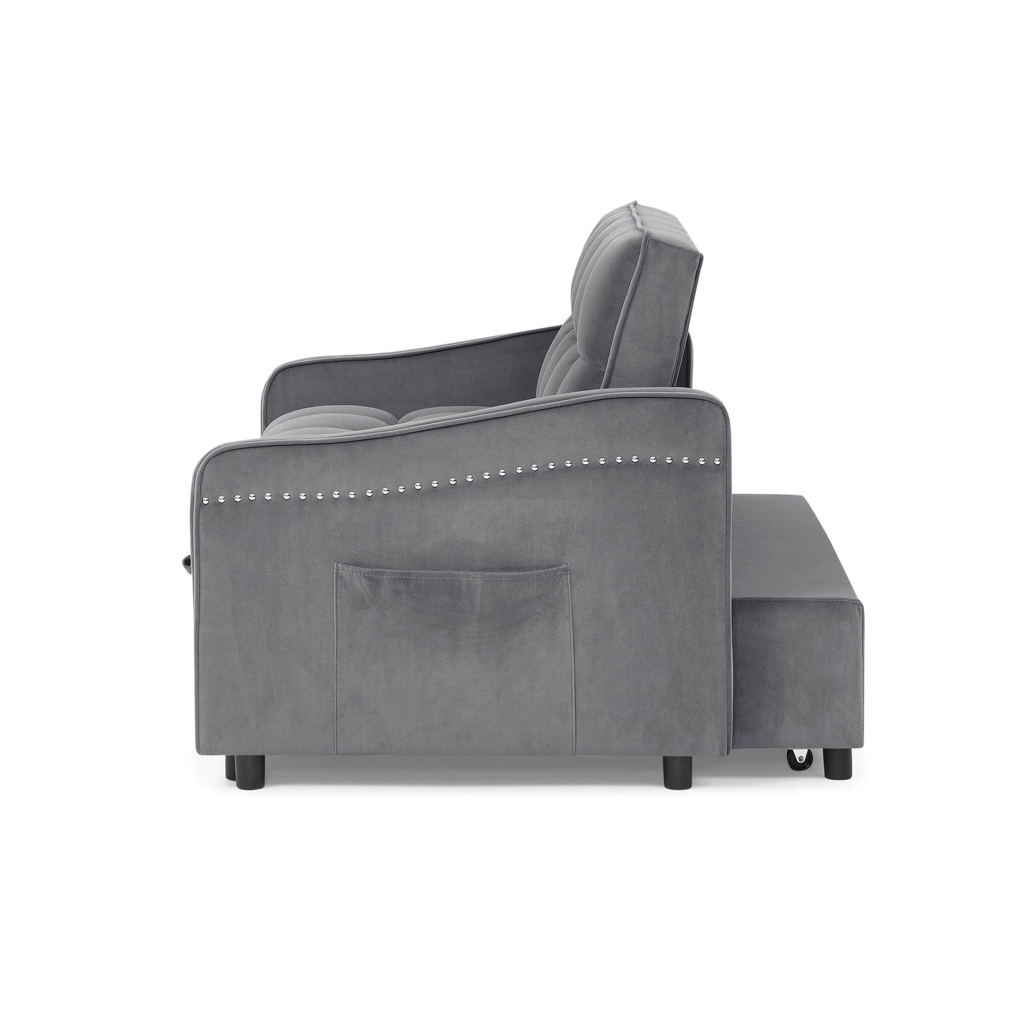 NEW Grey Copper Nail Loveseat Sofa Bed with Pull-out Bed Adjustable Back and Two Arm Pocket TypeC USB Charging
