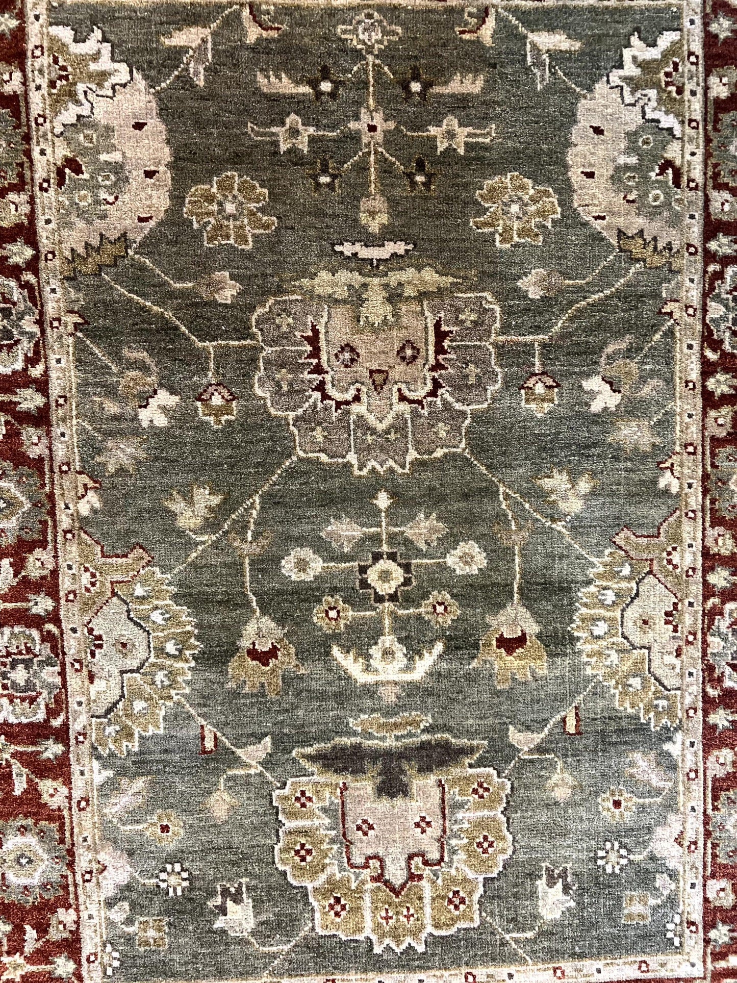 USED Indo Oushak Rug 4x6, Green and Maroon, Vintage Wool Floral Rug, Indian Agra Rug