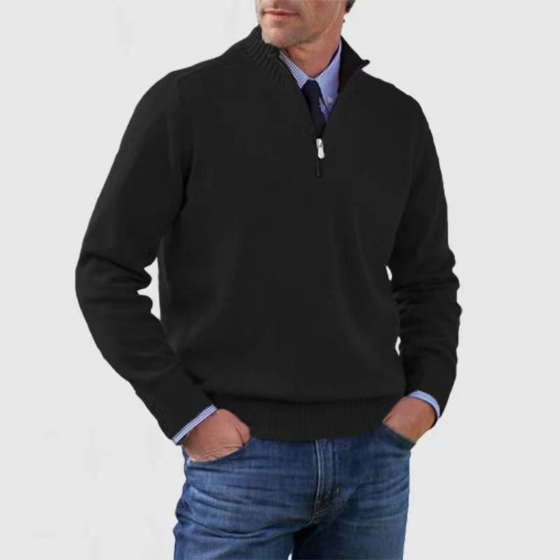 New Men's Stand Collar Zipper Sweater Winter Fashion Solid Color Long Sleeve Knitted Top Clothing