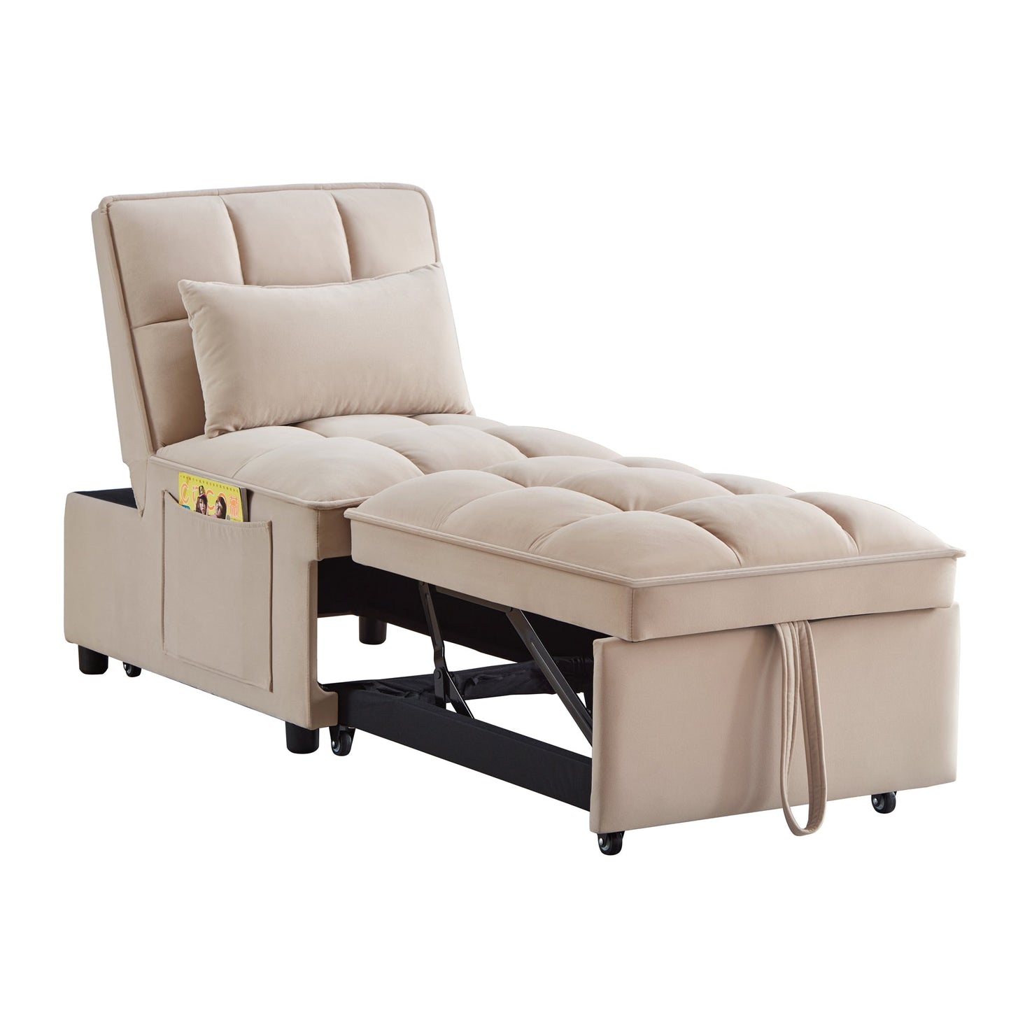 NEW 4 in1 Multi-Function Single Sofa Bed with Storage Pockets,Tufted Single Pull-out Sofa Bed with Adjustable Backrest and Pillows ,Convertible  Chaise Lounge,Taupe