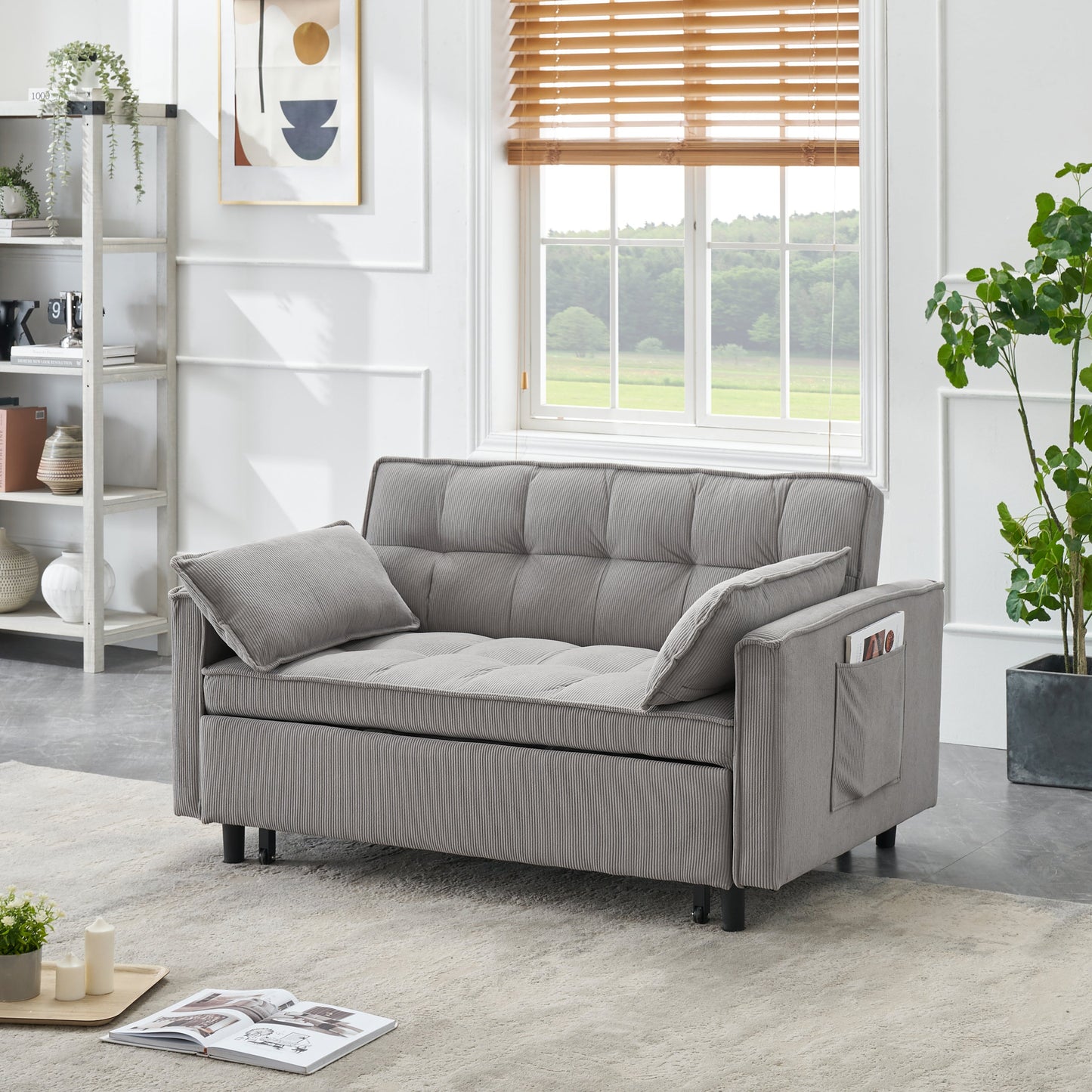 54.30-inch double  Two-seat casual sofa with pull out bed, living room furniture, light grey