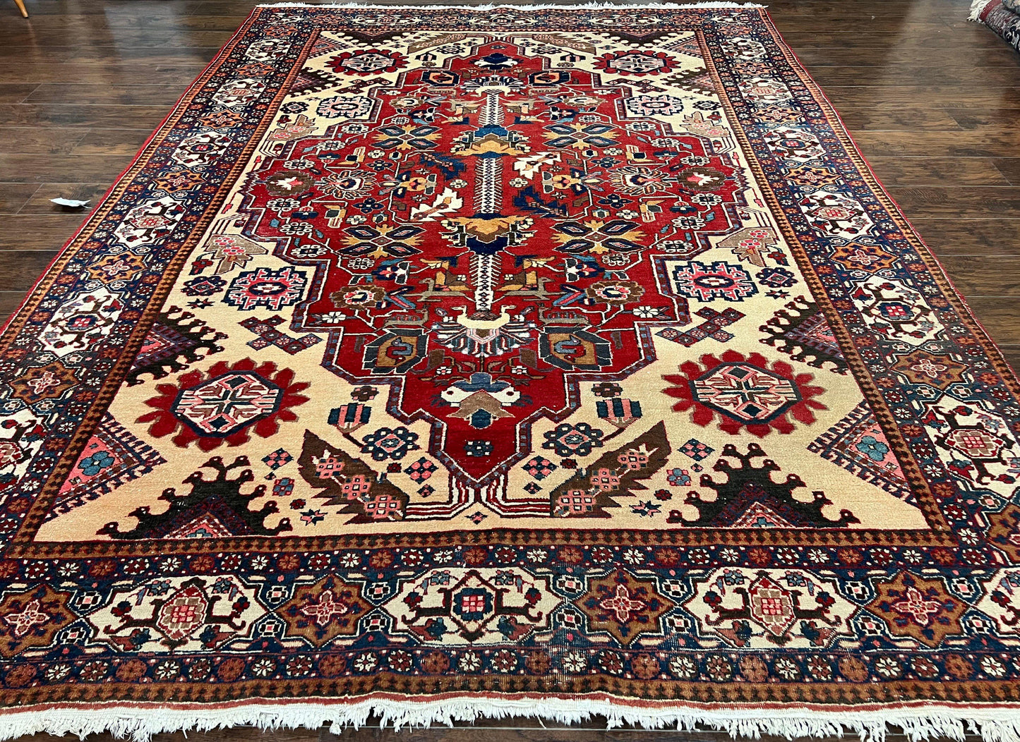 USED Antique Persian Heriz Rug 8x12 ft, Geometric Tribal Room Sized Carpet, Camel Hair Red Navy Blue, Wool Hand Knotted Medallion Oriental Carpet