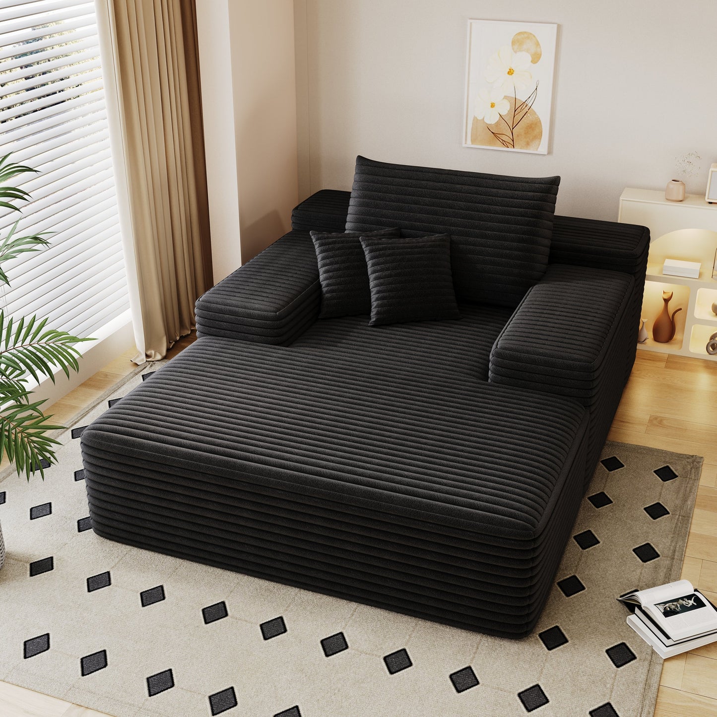 NEW Modern Black Plush Corduroy Fabric Sofa Bed Lounger