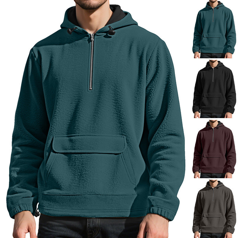 New Padded Fleece Sweater Solid Color Half Zip Hooded Work Clothes Pullover