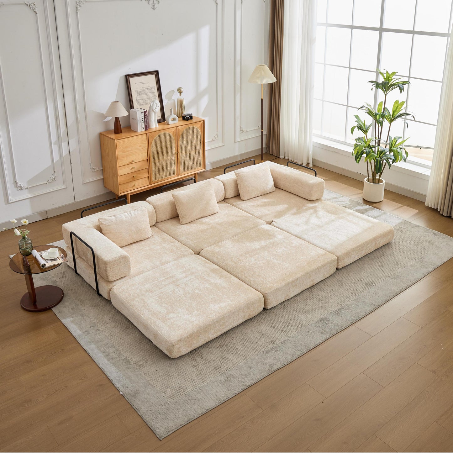 NEW Beige Chenille Fabric Boneless Modular Sectional Sofa Compression Convertible Floor Couch Bed with Fixed-Shape Frame
