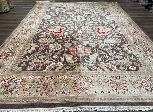 USED Vintage Indian Rug 9x12, Sultanabad Area Rug 9 x 12, Wool Hand Knotted Living Room Oriental Carpet, Eggplant and Khaki Color, Teawashed Rug