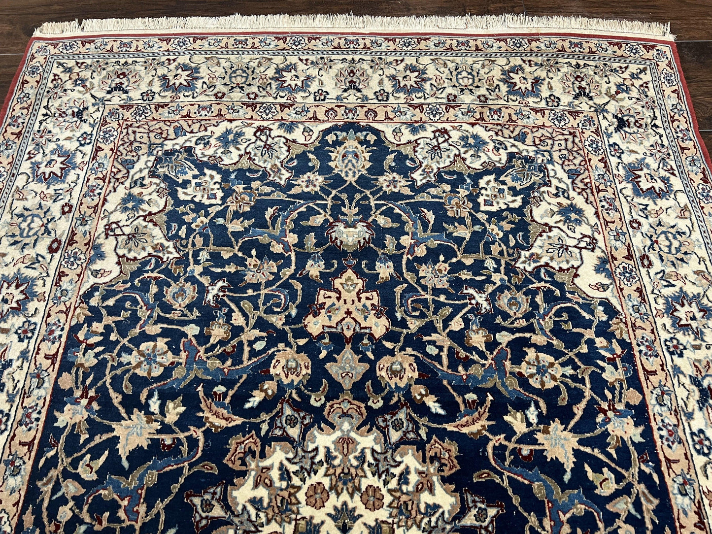 USED Super Fine Persian Nain Rug 3.6 x 5.4, Navy Blue and Ivory, 700 KPSI