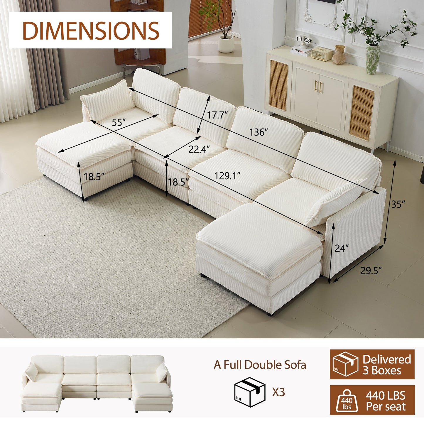 NEW 136' Plush Cloud 3-seater Sofa: Modular 4-seater Sofa + 2 Footstools with 22' Beige Chenille Cushions + 2 Throw Pillows - Compact Size for Apartment, Living Room, Bedroom (Beige)