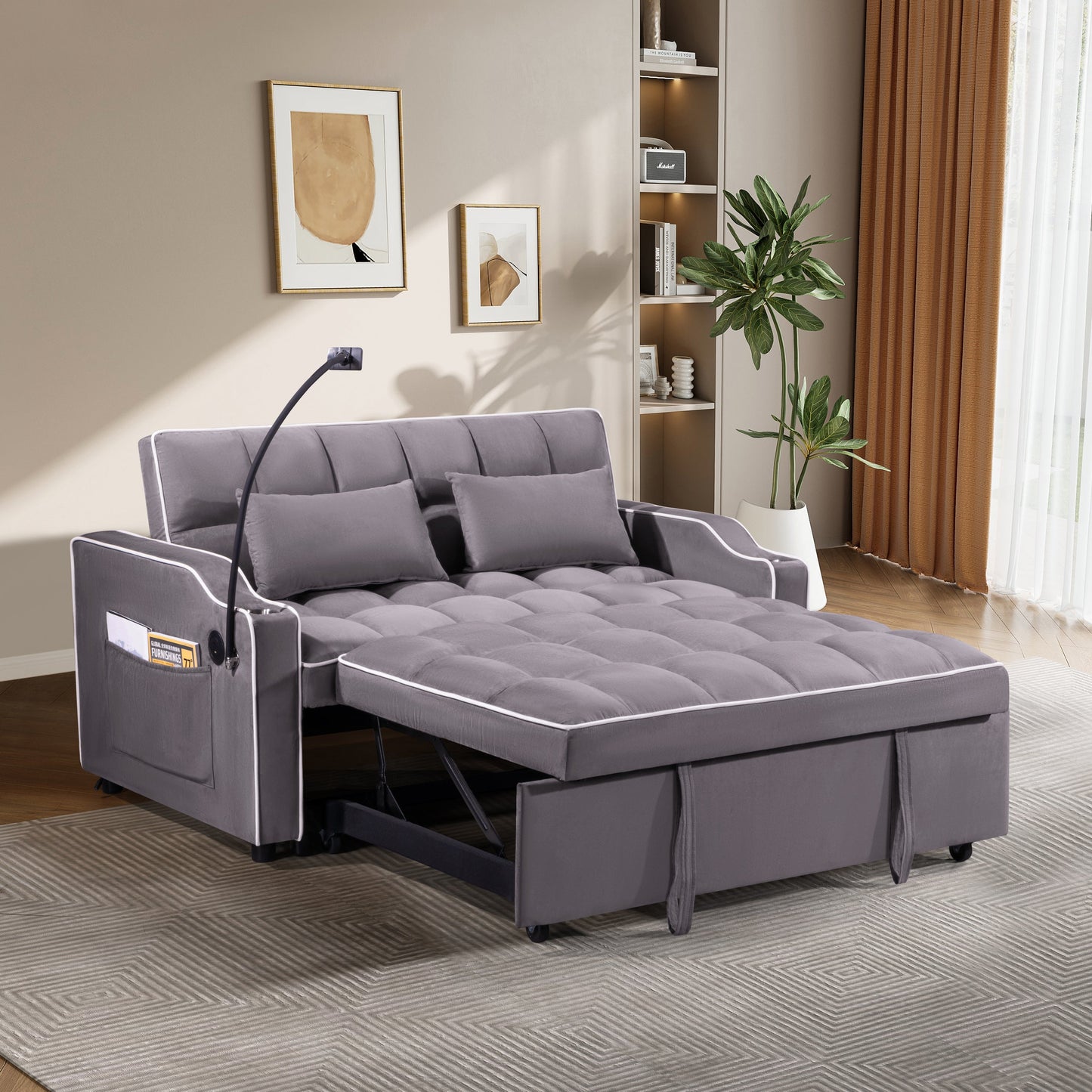NEW 1 multifunctional foldable sofa bed in 3 different lengths, modern sofa, upgraded suede fabric, adjustable backrest, with USB port, ashtray, and rotating telephone stand