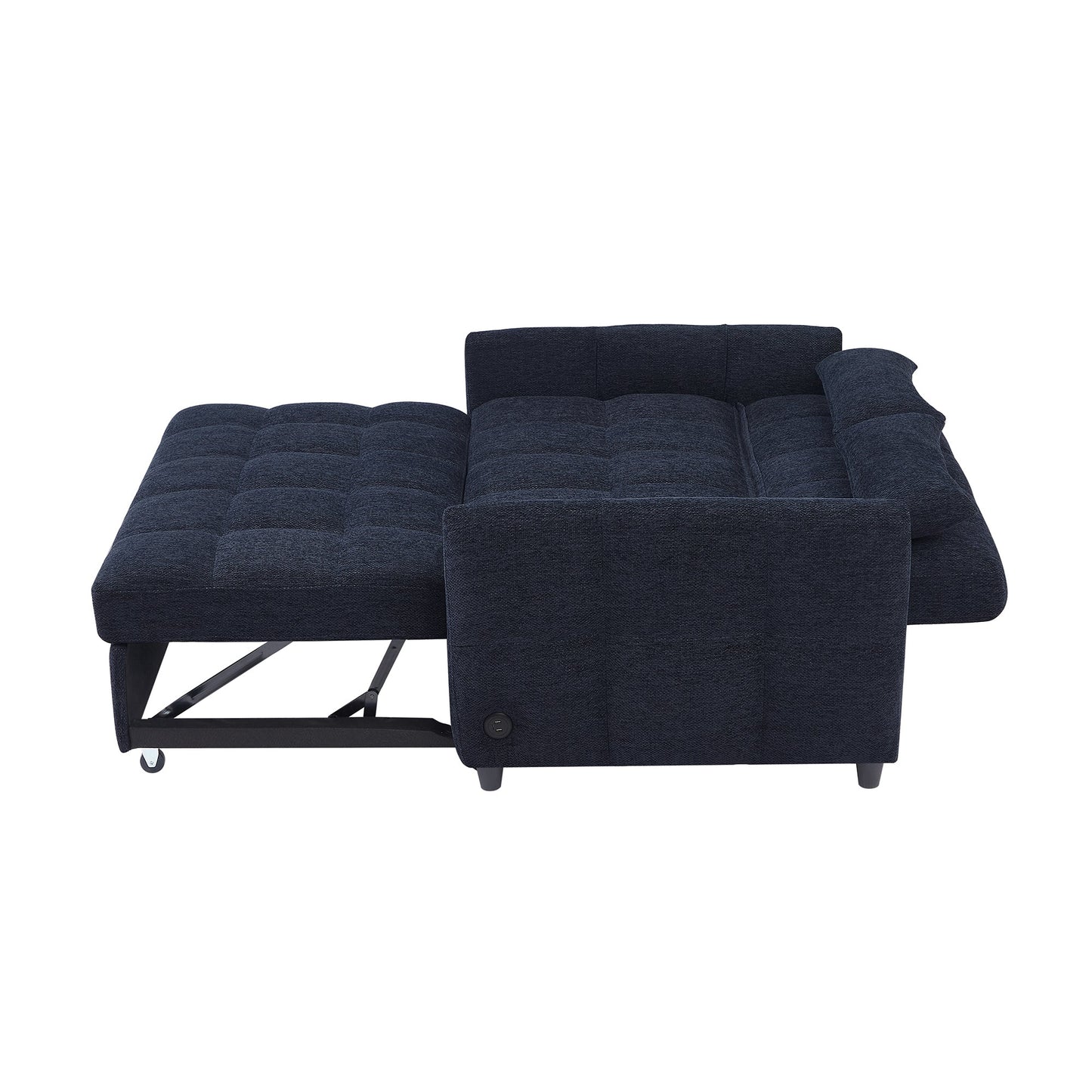 NEW Modern Loveseat Sofa Pull-out Bed with Adjustable Backrest, USB Ports, Lumbar Pillows, Blue Chenille, 52.8'