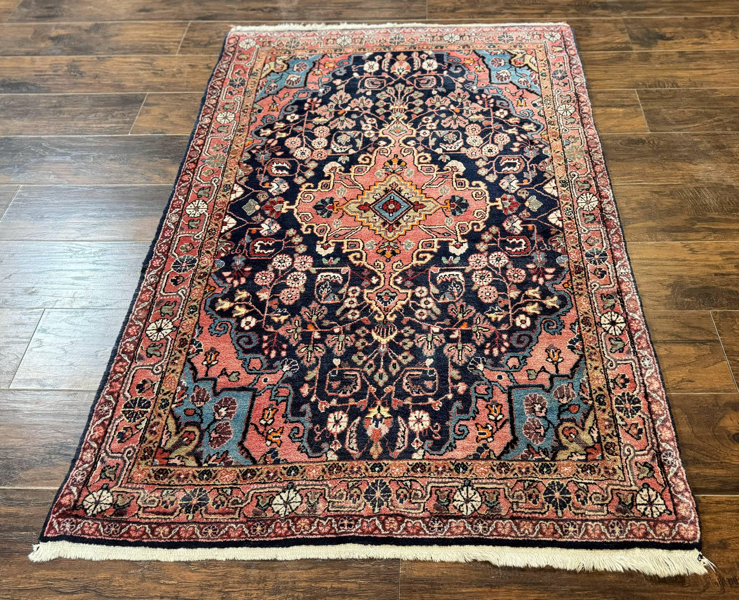 USED Persian Rug 3x5, Jozan Sarouk Rug, Navy Blue and Coral, Medallion Rug, Semi Antique