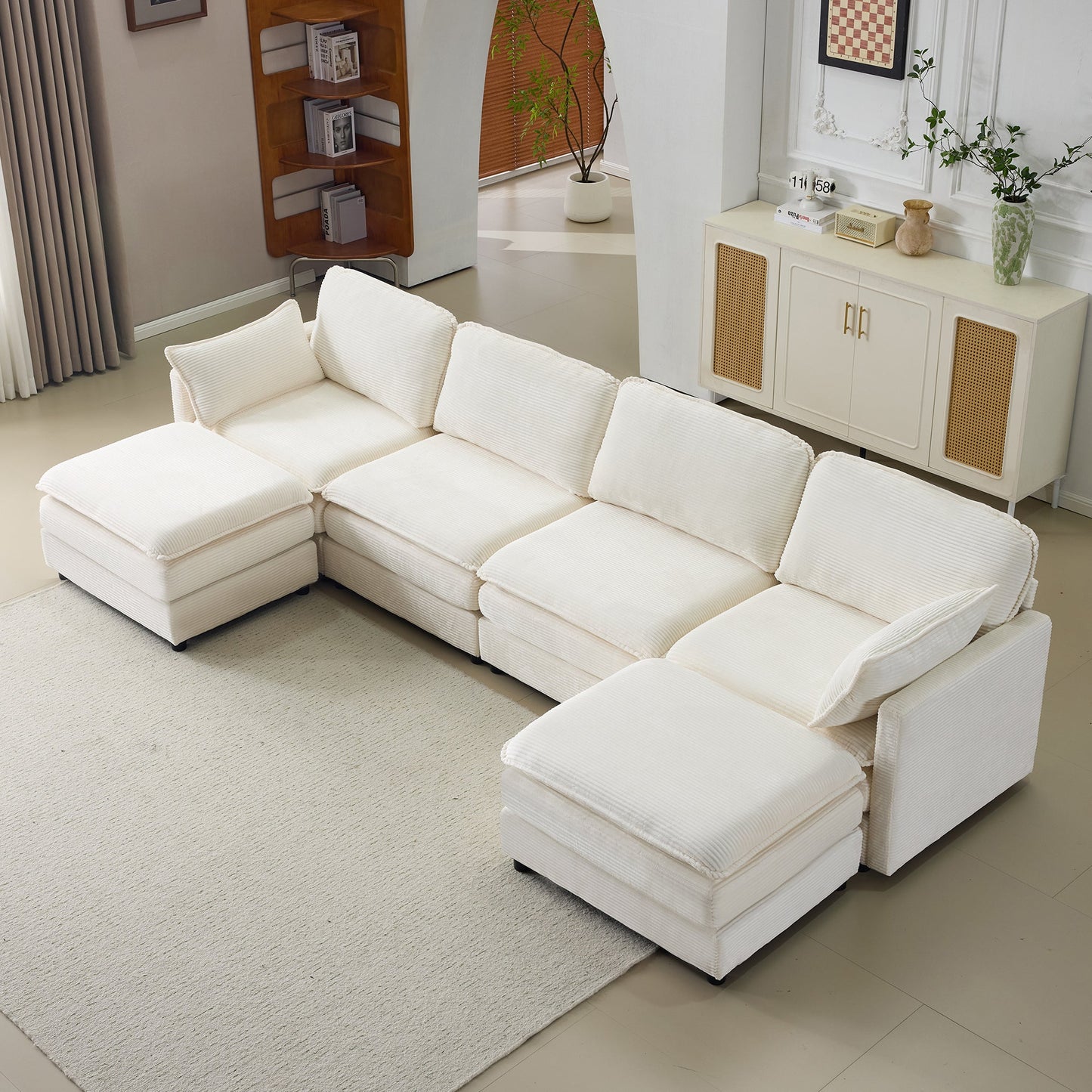 NEW 136' Plush Cloud 3-seater Sofa: Modular 4-seater Sofa + 2 Footstools with 22' Beige Chenille Cushions + 2 Throw Pillows - Compact Size for Apartment, Living Room, Bedroom (Beige)