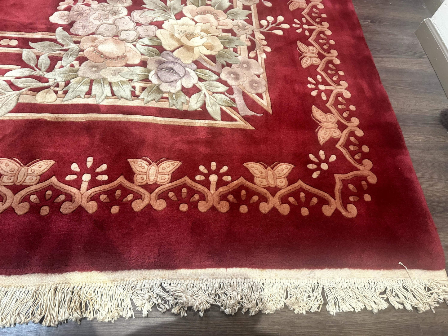 USED Palace Size Chinese Wool Rug 12x18, Red Art Deco Chinese Carving Carpet, Butterflies Flowers