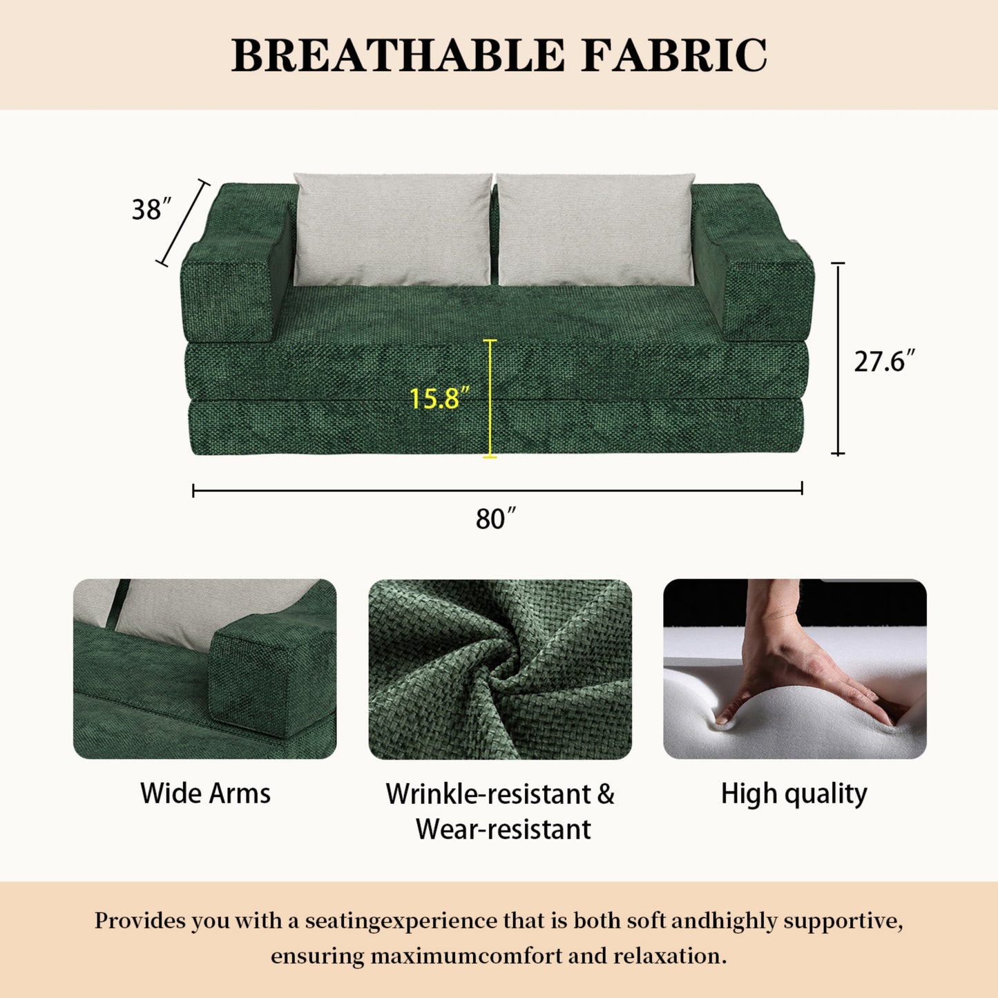 NEW 80 ' Convertible Couch Bed with 2 Pillows, 3-Seat Folding Floor Couch & King Size Bed Mattress, DIY Combination, Chenille, GREEN