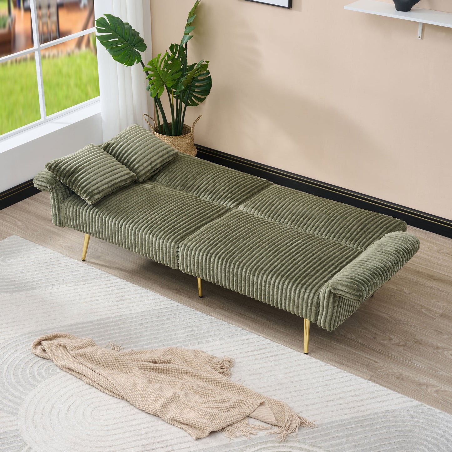NEW Modern Corduroy Sofa Bed, Foldable Double Sofa with Armrests, Green Velvet, 79 Inch