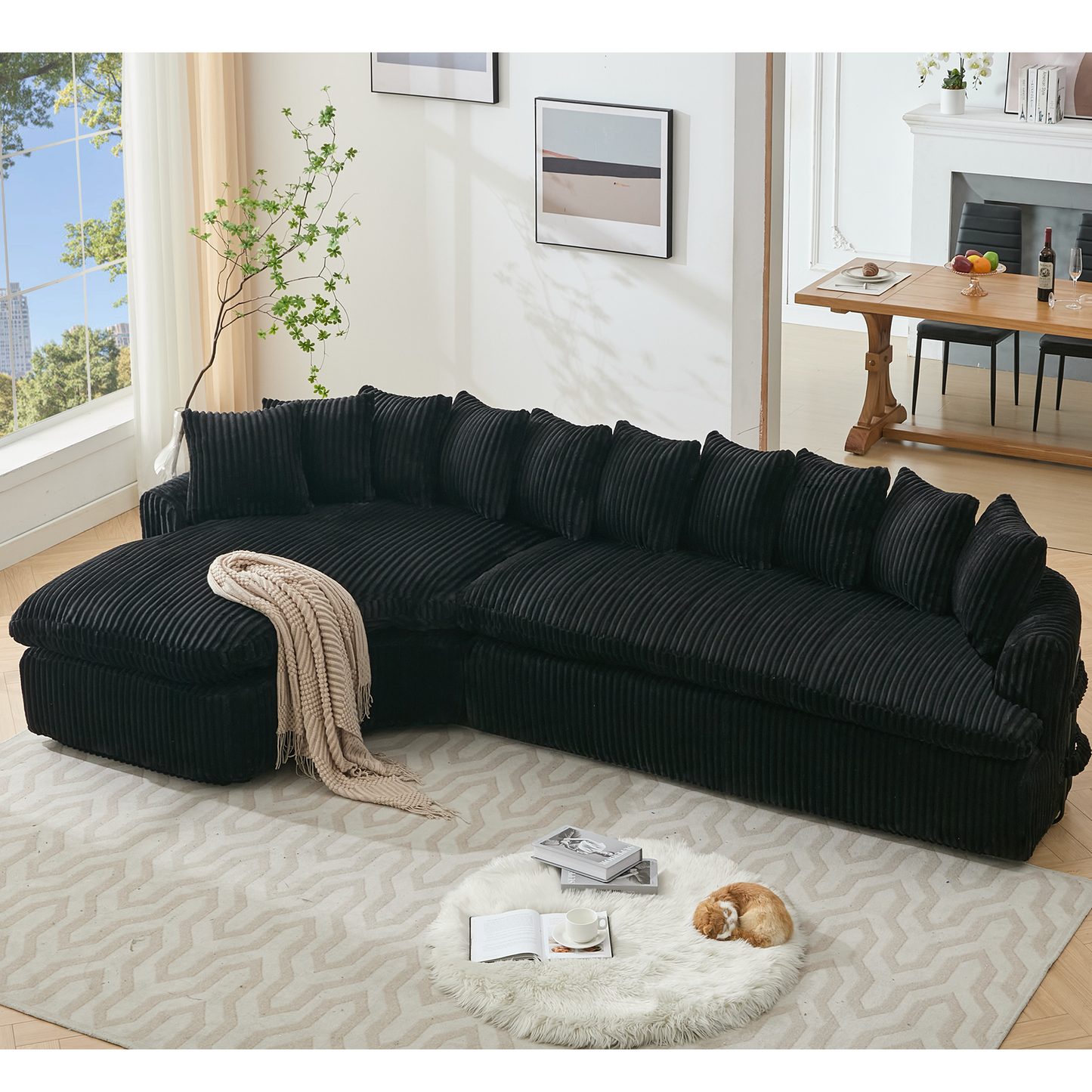 NEW 127''  Large Sectional Sofa ,Elegant Curved Design ,High-Resilience Foam ,Ten Back Cushions,L-Shape Left Sofa,No Assembly  Required , (Black-Soft Corduroy Fabric)