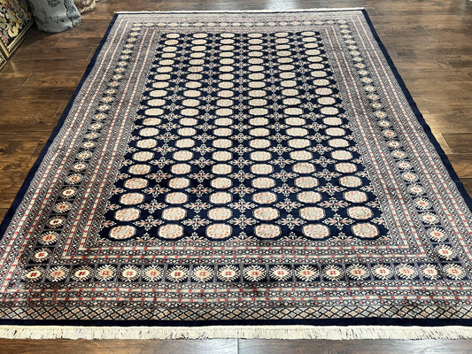 USED Pakistani Bokhara Rug 8x10, Turkoman Carpet, Dark Blue and Beige, Vintage Handmade Wool Carpet