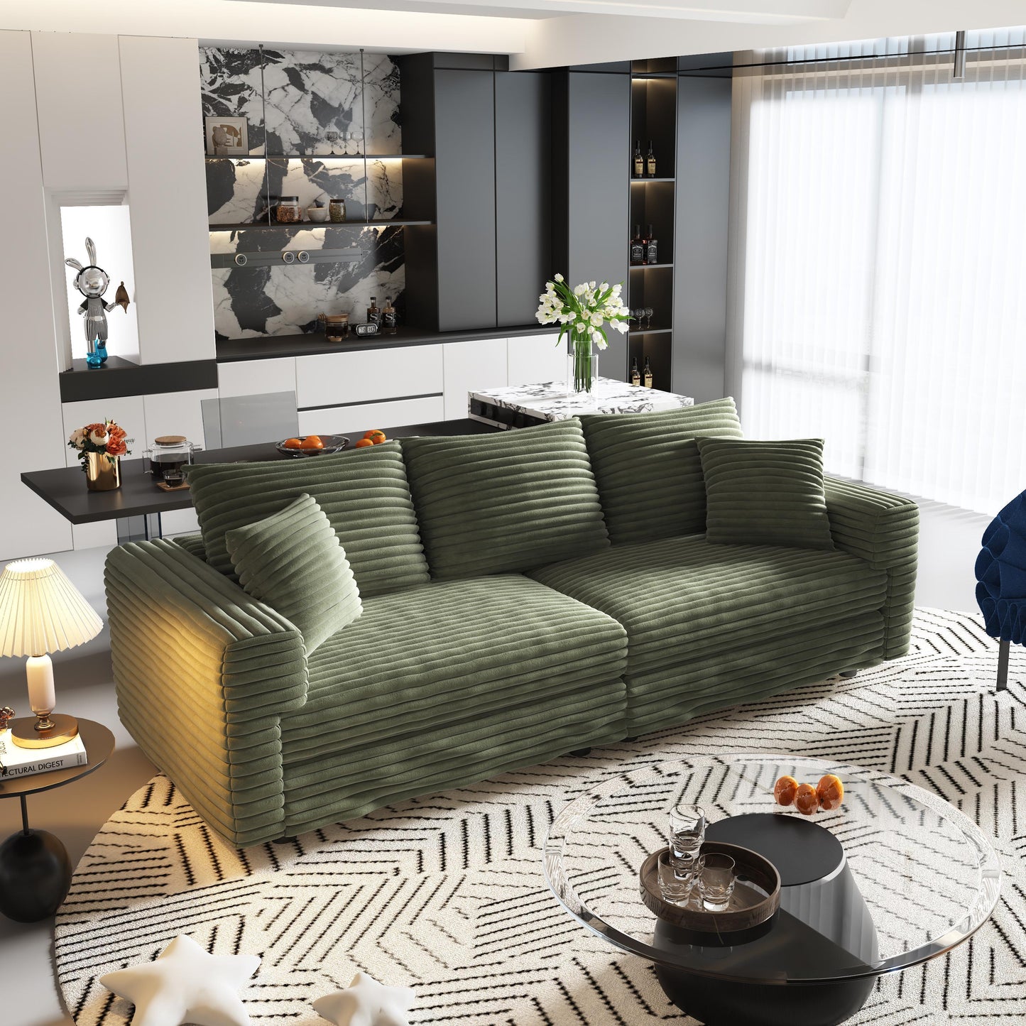 NEW 82.7' Modern Green Plush Corduroy 3-Seat Comfy Upholstered Sofa Cloud Deep Seat Couch with Soft Pillows