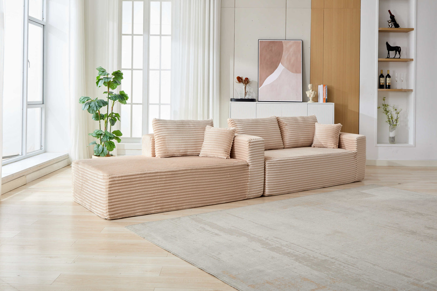 NEW Compression Sectional Couch with Comfy Chaise, Boneless L Shape Sofa with Deep Seat, Minimalist Modular Couches Sleeper for Living Room Bedroom Apartment Lounge,corduroy,Beige