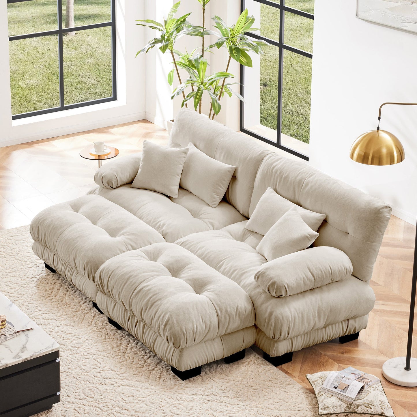 NEW Light Coffee Chenille Cloud Couch Sleeper 2 Seater Upholstered Wide Arm Sofa with 2 Lumbar 2 Throw Pillows and  2 Ottomans