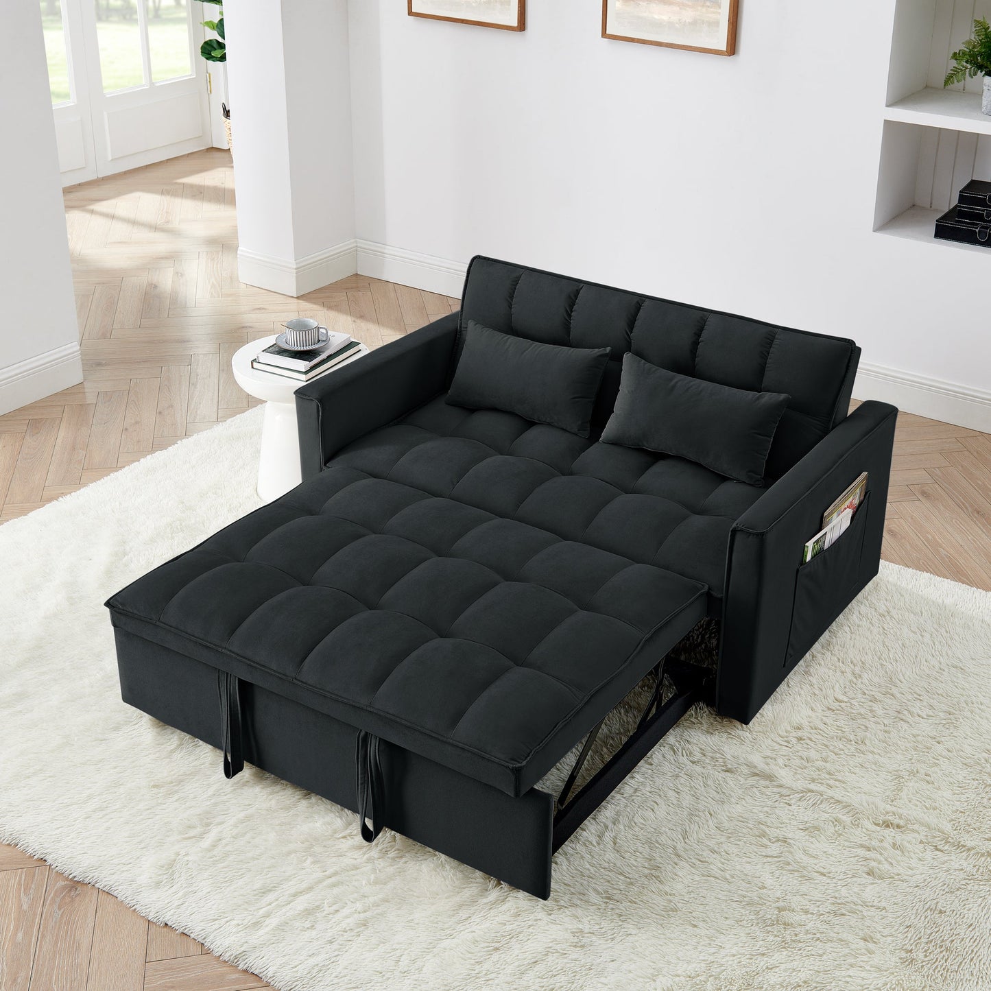 NEW 54.33 inch Versatile Foldable Modern Black Velvet Sofa Pull-out Bed Adjustable Back