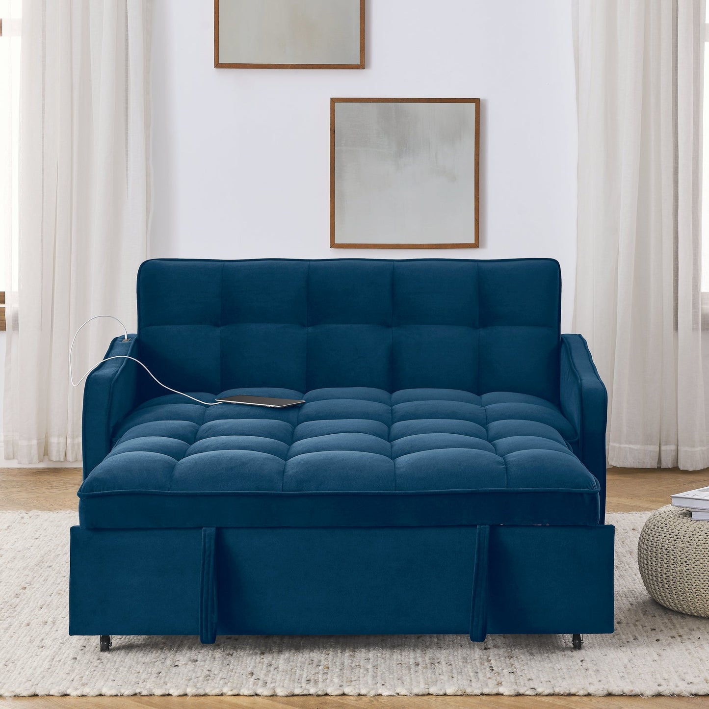 NEW Blue Copper Nail Loveseat Sofa Bed with Pull-out Bed with Adjustable Back Two Arm Pocket TypeC and USB Charging