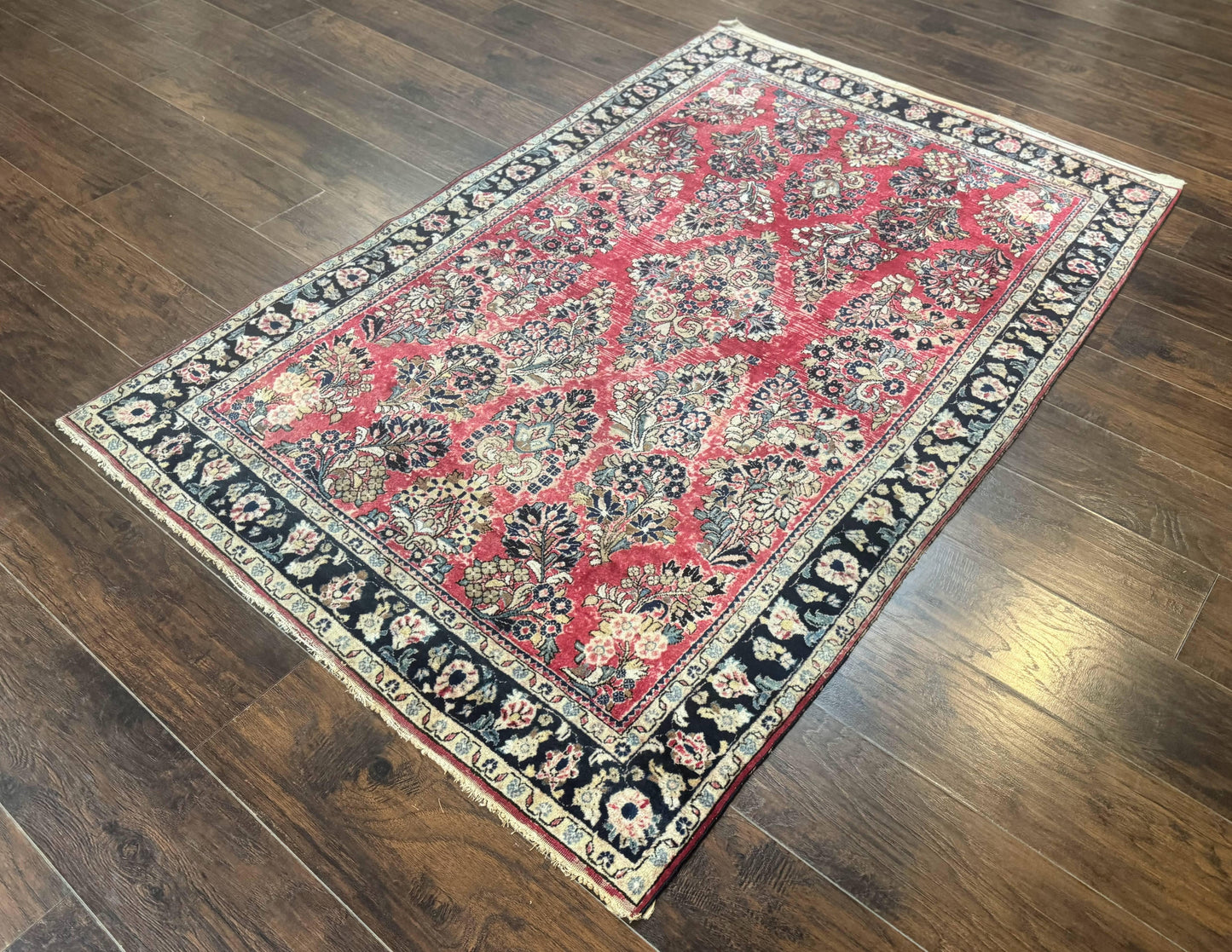 USED Antique Persian Sarouk Rug 4x7, Floral, Red 1920s Persian Wool Carpet