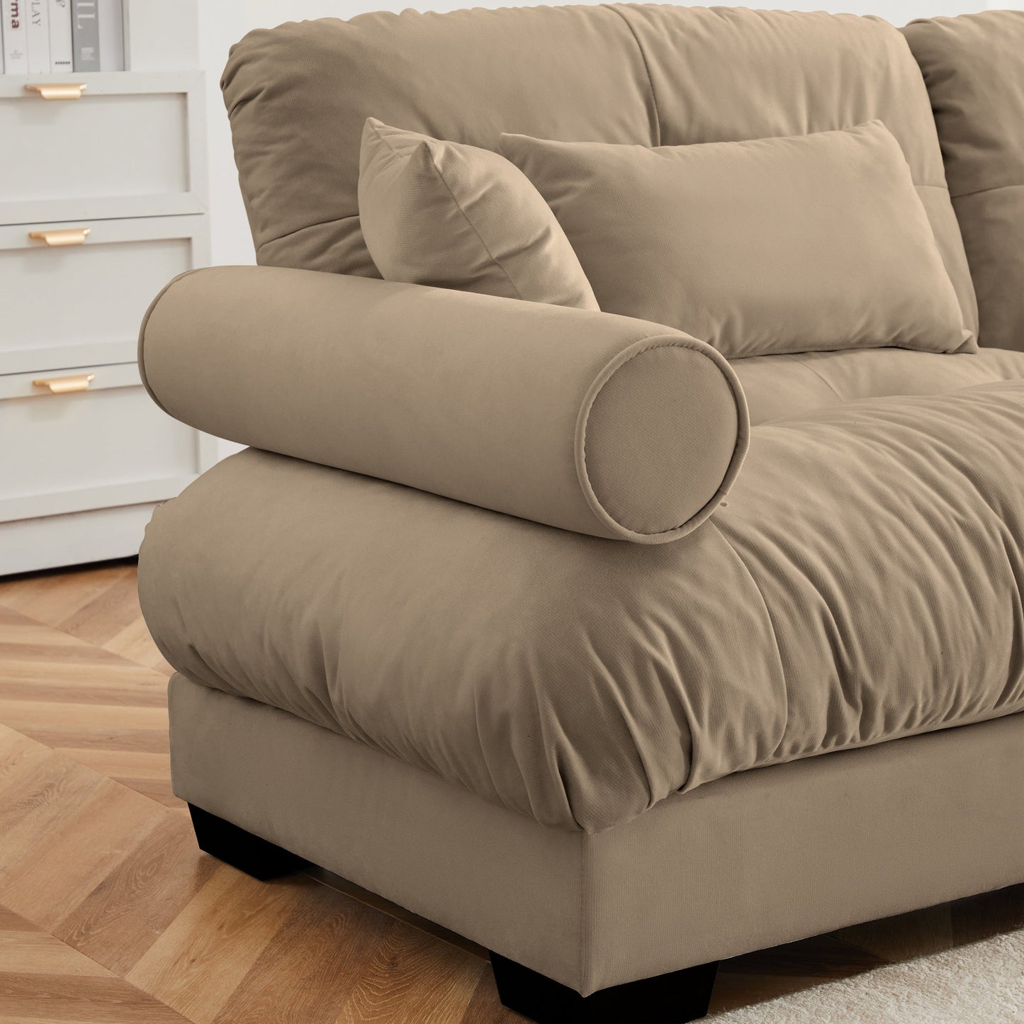 NEW Modern Camel Velvet Two-Seater Sofa with Ottoman