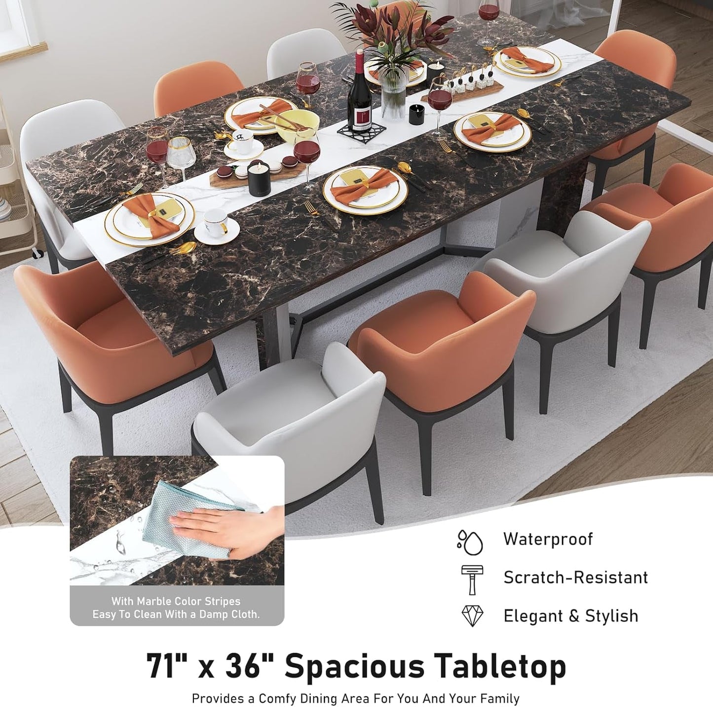 NEW 71In Rectangular Dining Table With Waterproof Marble Top