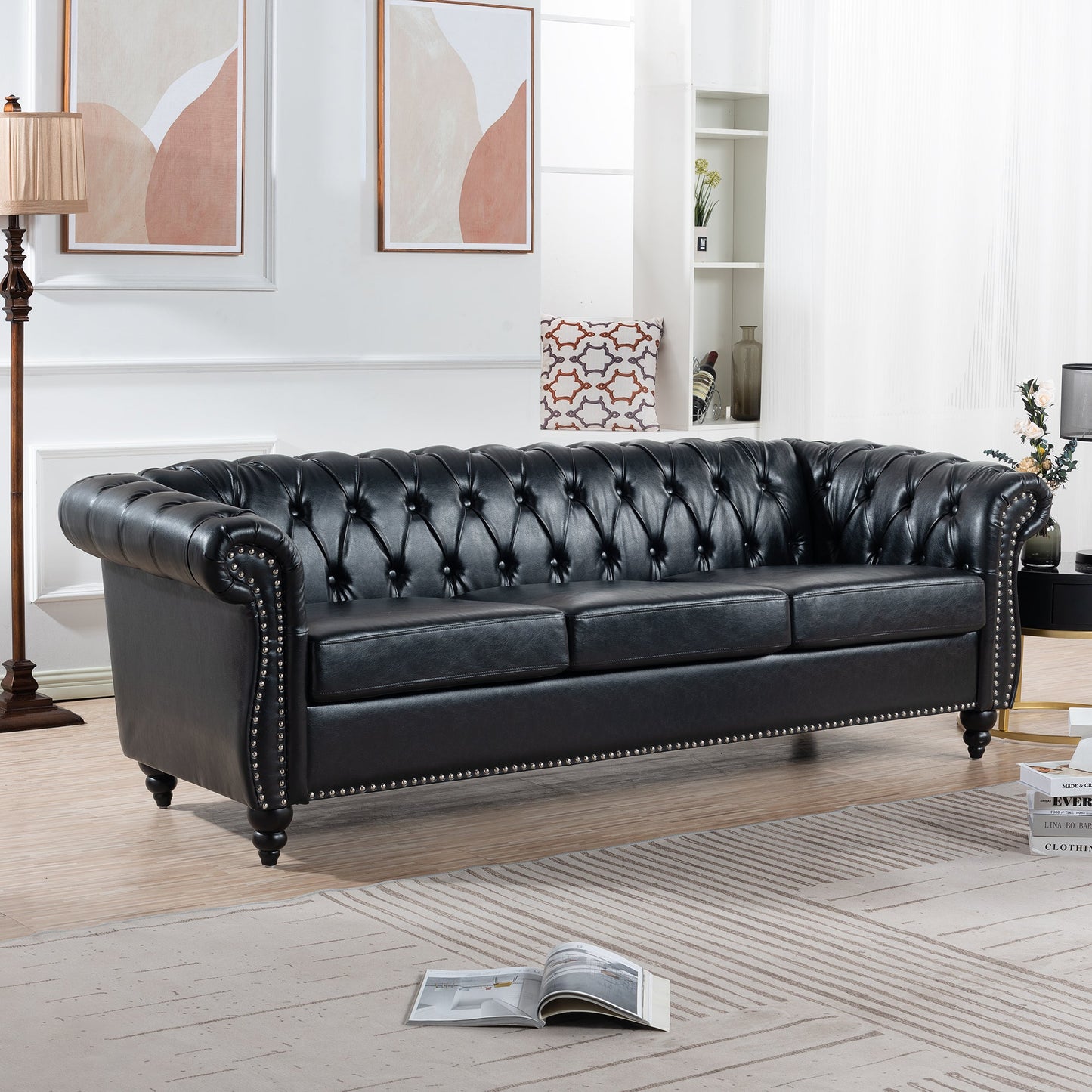 NEW 84.65' BLACK PU Rolled Arm Chesterfield Three Seater Sofa Couch