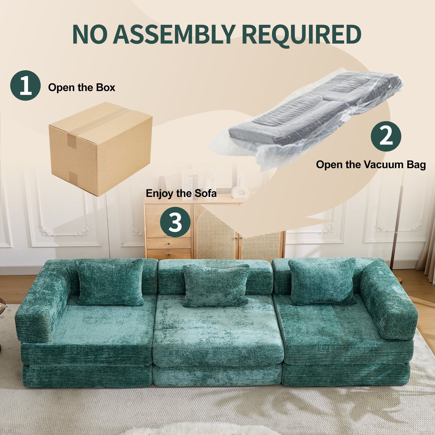 NEW Dark Green Chenille Fabric Compression Convertible Floor Sofa Bed