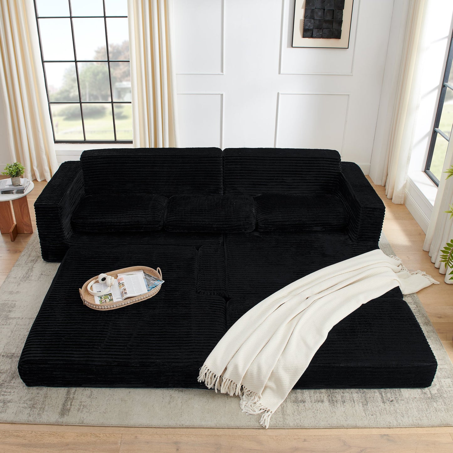 NEW Modern Minimalist L-Shape Modular Sectional Sofa Bed with Corduroy Fabric in Black