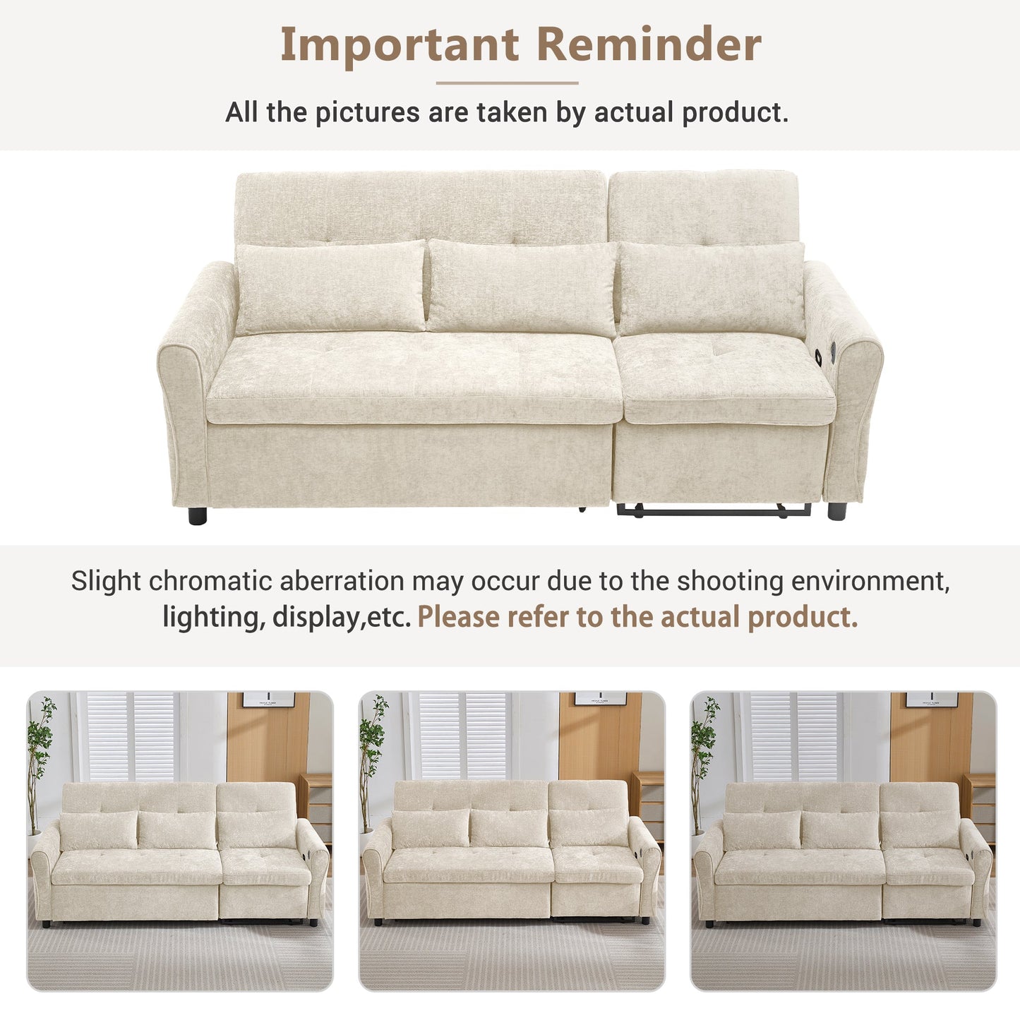 NEW Beige 82' Chenille Upholstered Two-in-One  Three-Seat Sofa with Pull-out Bed
