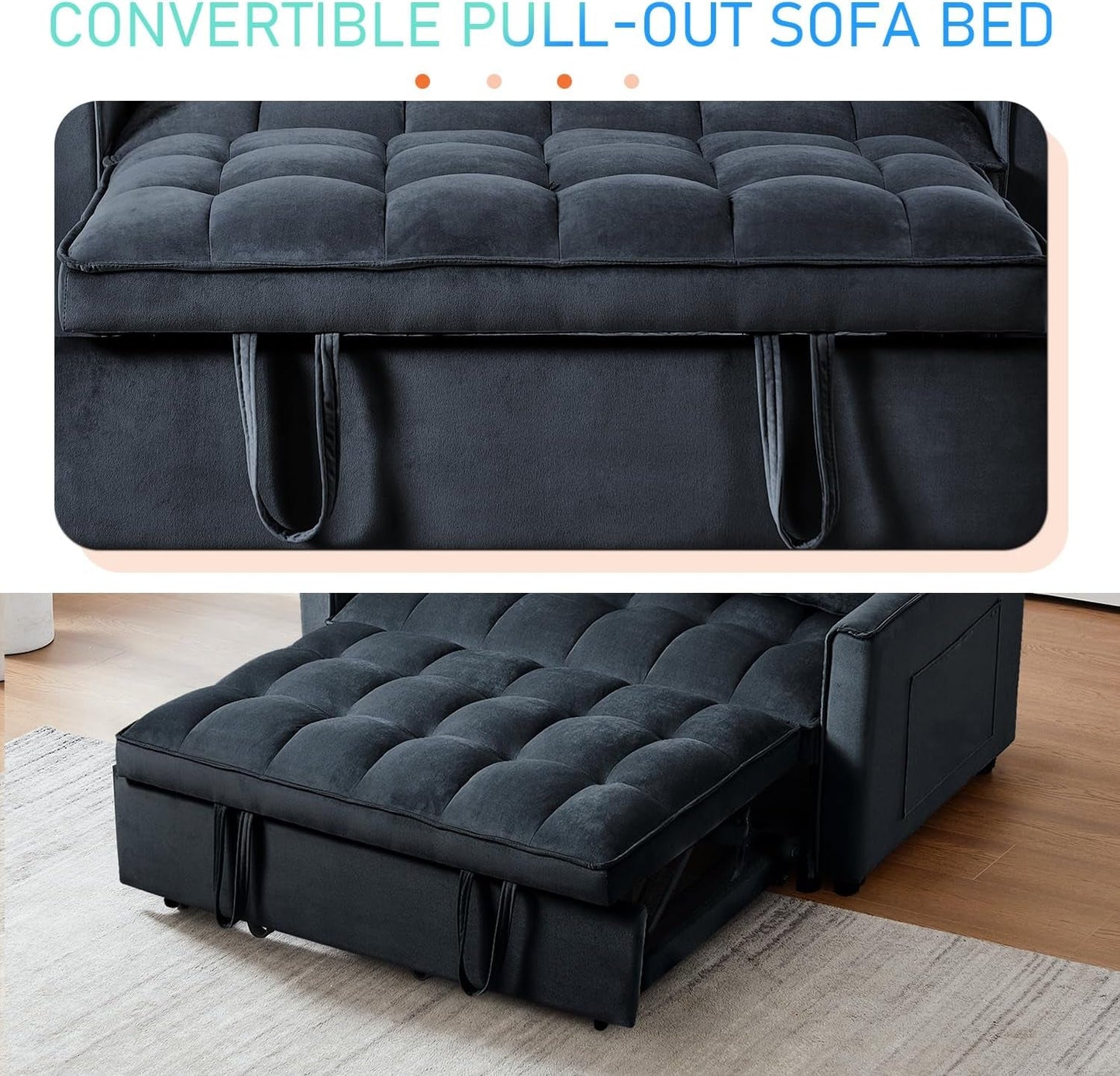 NEW Black Velvet Convertible Sleeper Sofa Bed Luxurious